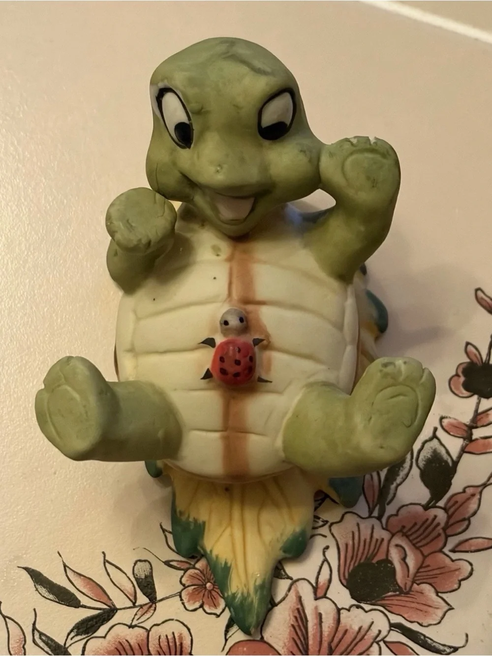 Cute Ceramic Turtle Figurine with Ladybug - Green & Cream